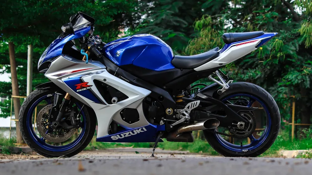 Blue and white Suzuki GSX-R sportbike